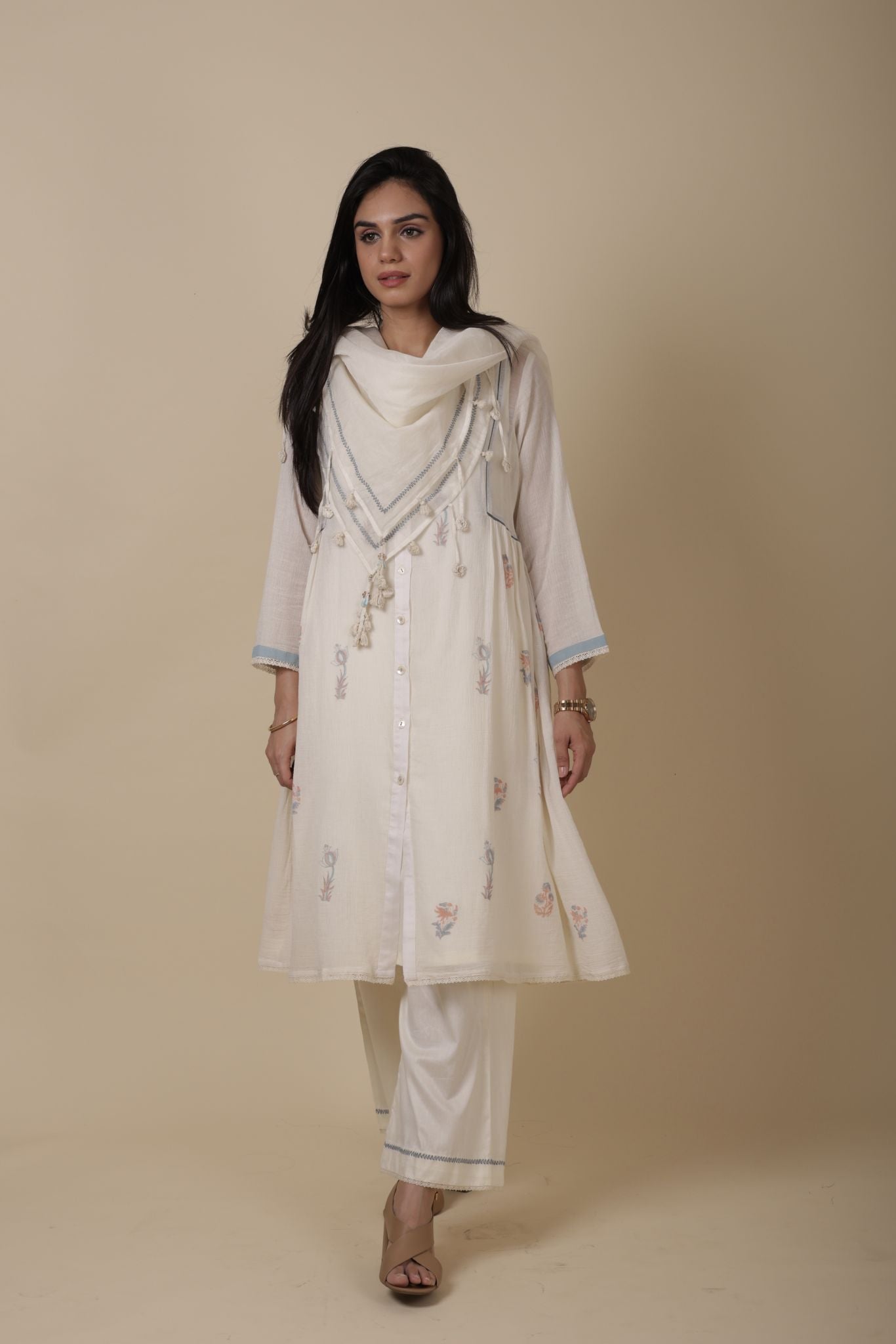 MIA WHITE BLOCK PRINTED CHANDERI SILK AND CREPE COTTON KURTA
