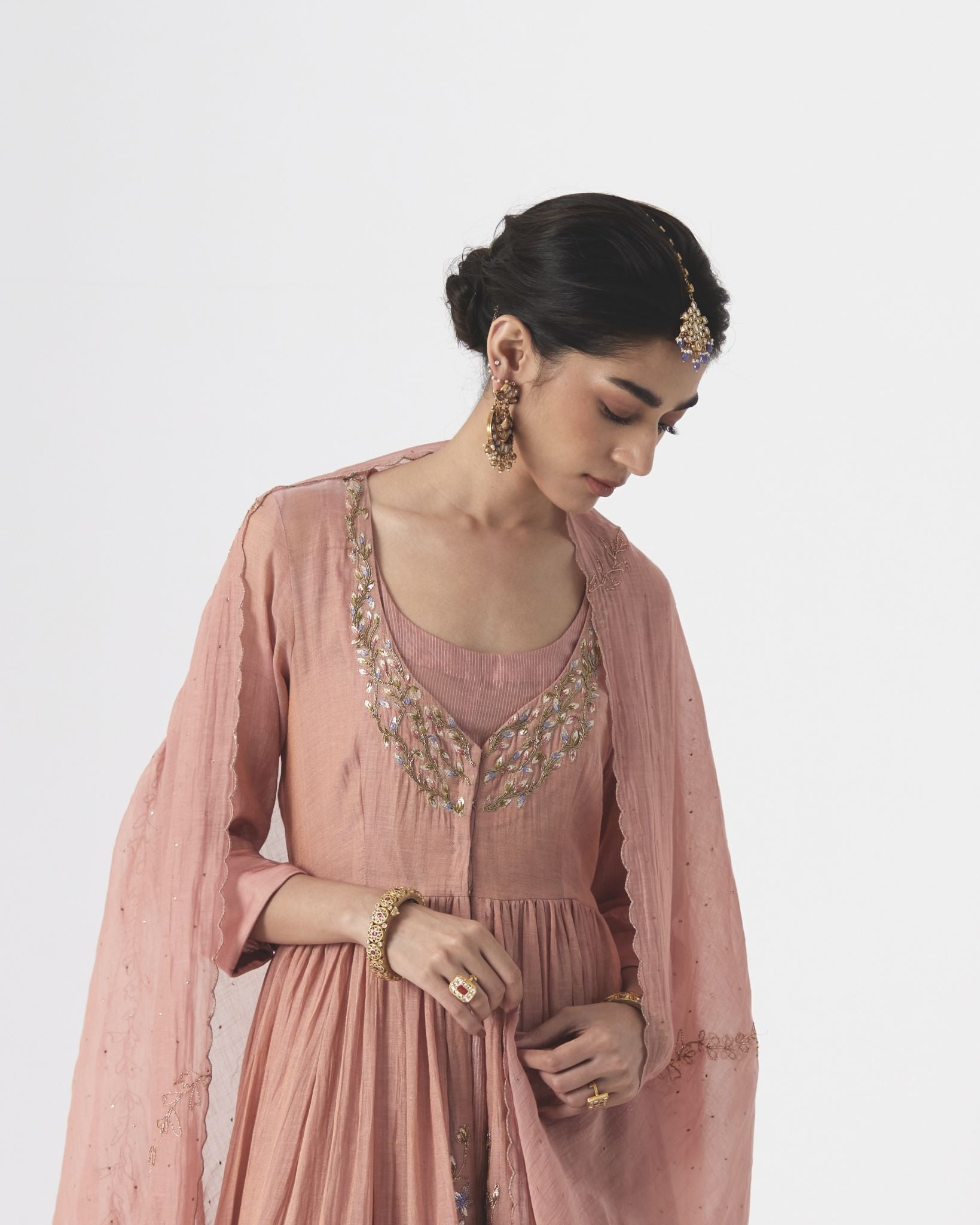 Shriya - Soft peach handcrafted tissue chanderi anarkali with tonal sharara