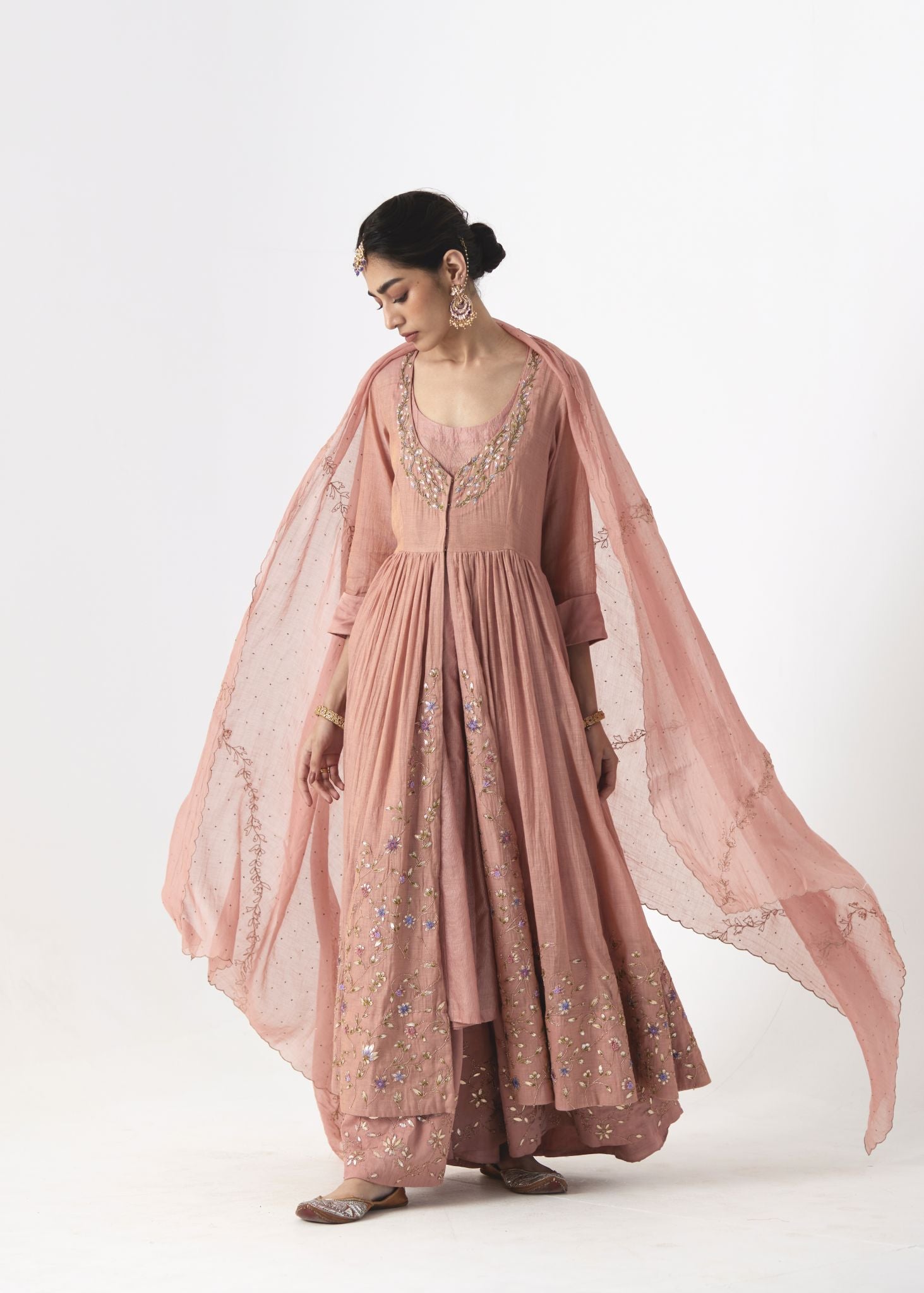 Shriya - Soft peach handcrafted tissue chanderi anarkali with tonal sharara