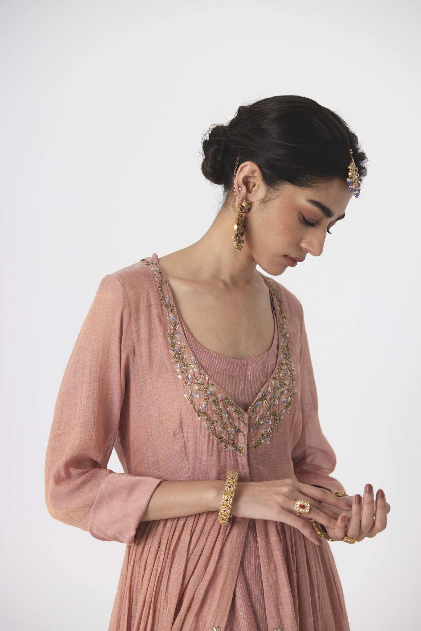 Shriya - Soft peach handcrafted tissue chanderi anarkali with tonal sharara