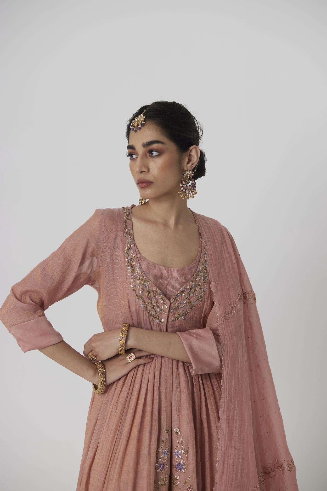 Shriya - Soft peach handcrafted tissue chanderi anarkali with tonal sharara