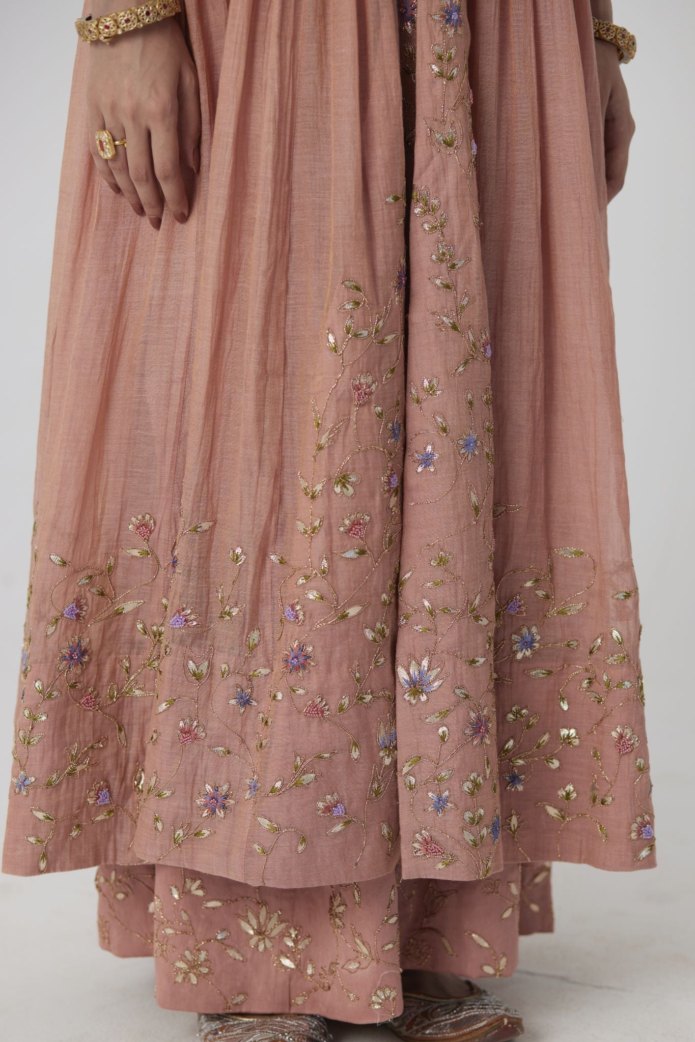Shriya - Soft peach handcrafted tissue chanderi anarkali with tonal sharara