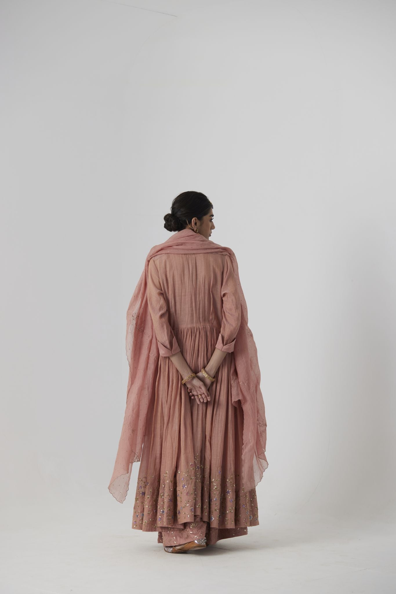 Shriya - Soft peach handcrafted tissue chanderi anarkali with tonal sharara