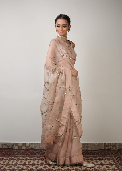 Party Wear Peach Organza Handwork Saree, 80 cm, 5.5 m (separate blouse  piece) at Rs 899/piece in Surat