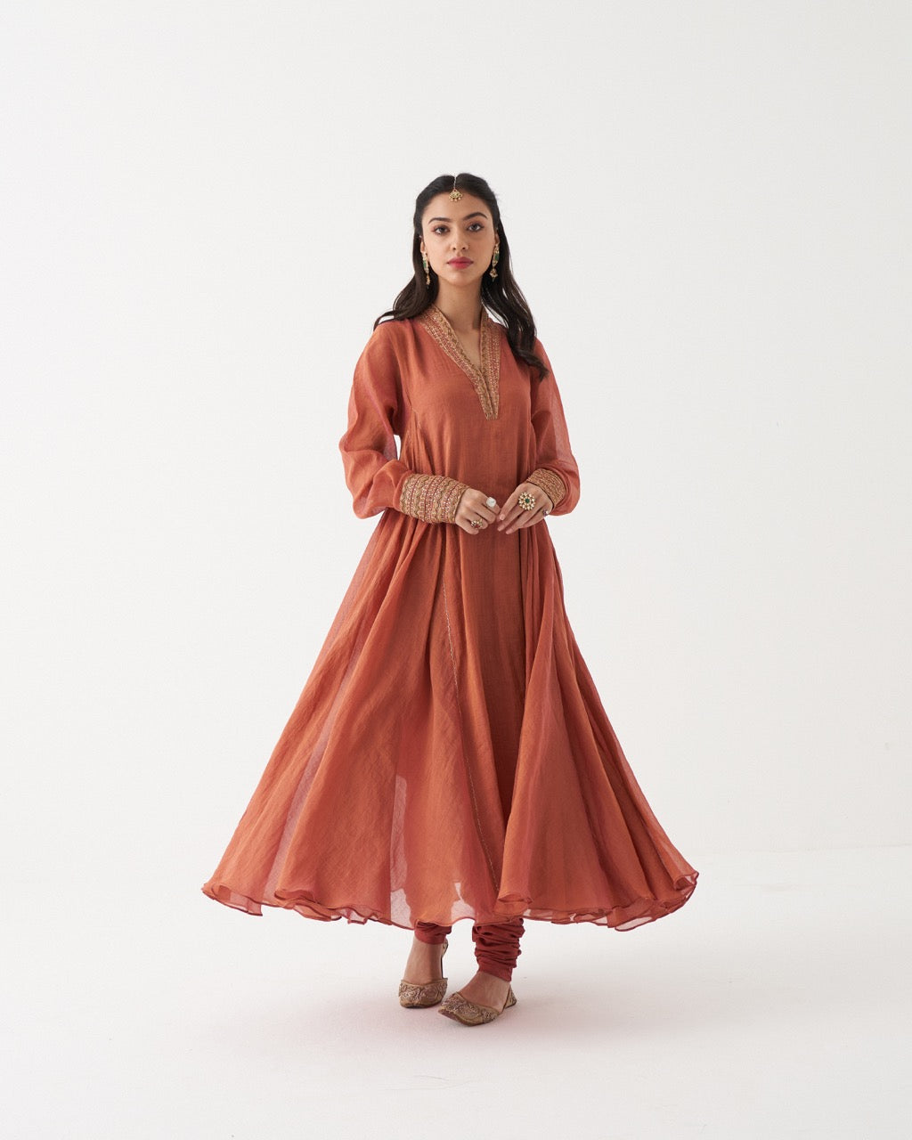 AZAIRA - RUST ORANGE HANDWOVEN TISSUE CHANDERI ANARKALI