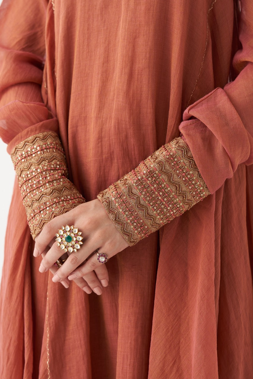 AZAIRA - RUST ORANGE HANDWOVEN TISSUE CHANDERI ANARKALI