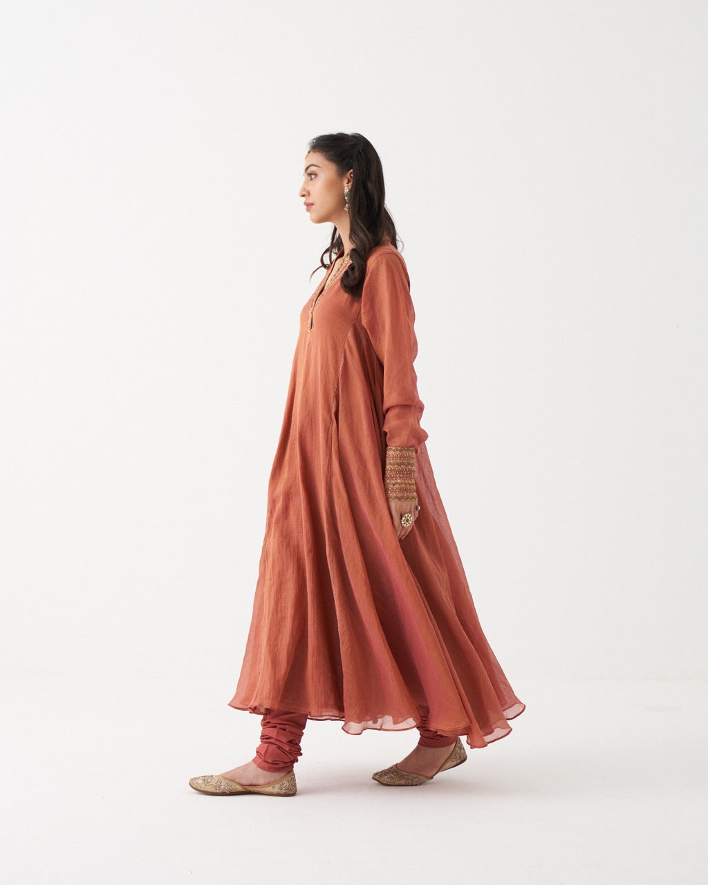 AZAIRA - RUST ORANGE HANDWOVEN TISSUE CHANDERI ANARKALI