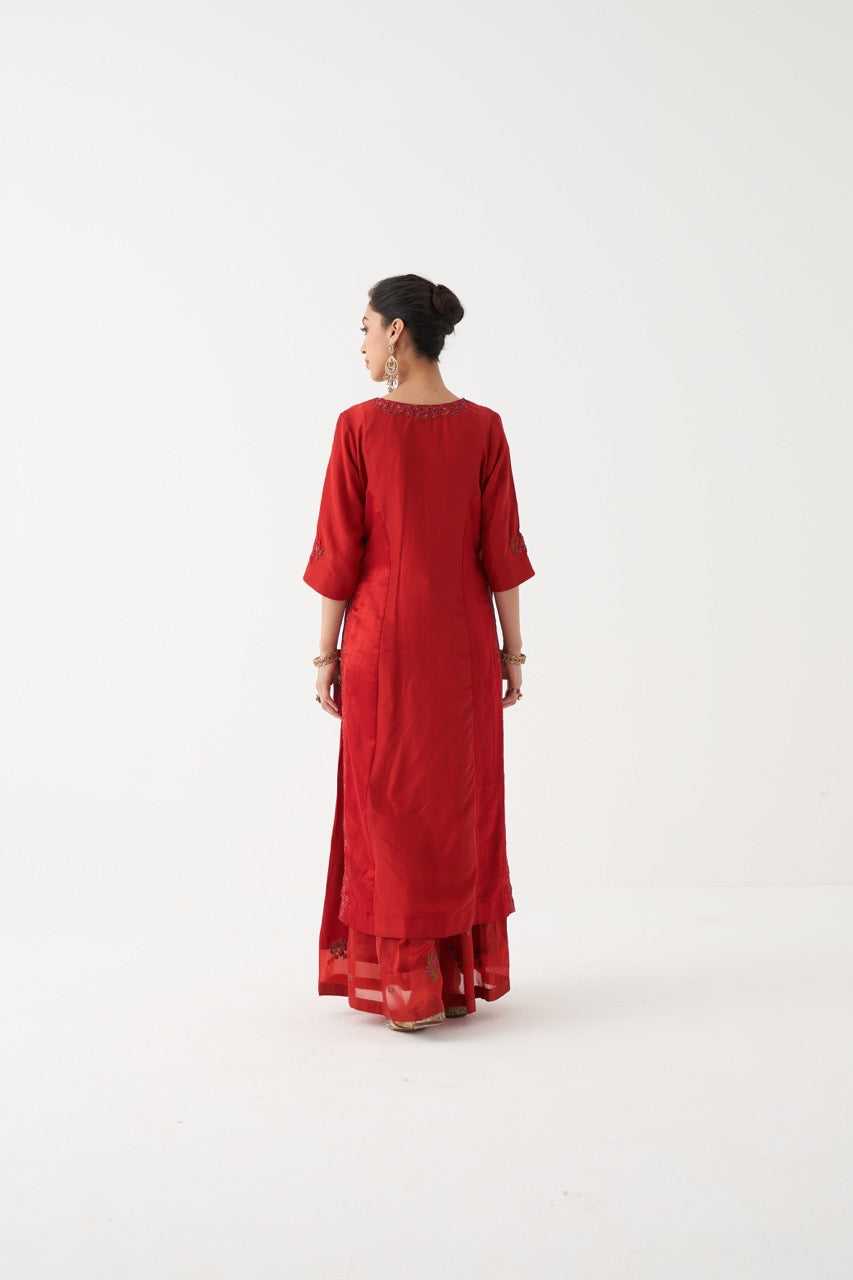 SHIRIN - RED HABUTAI SILK KURTA WITH TISSUE CHANDERI DUPATTA