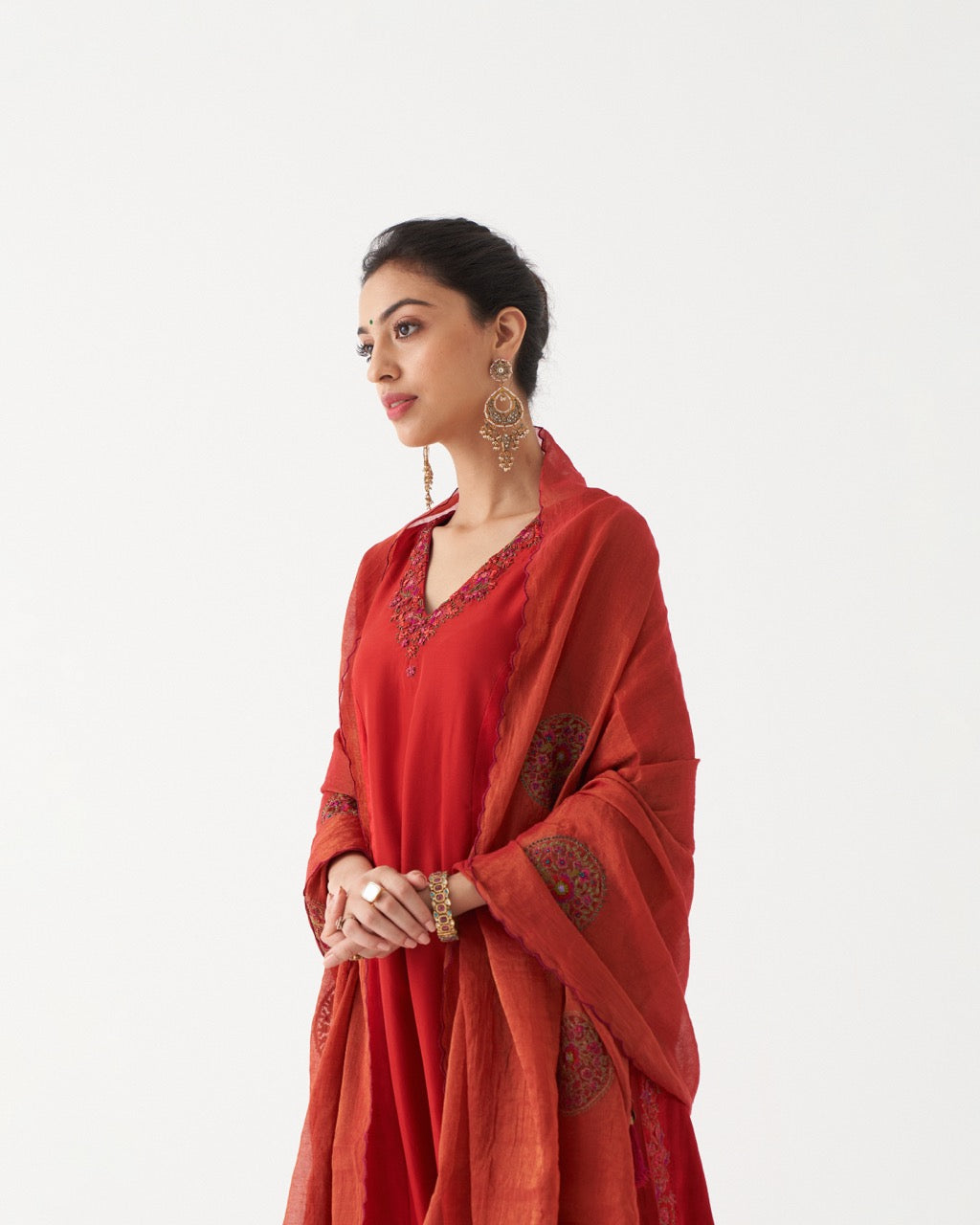 SHIRIN - RED HABUTAI SILK KURTA WITH TISSUE CHANDERI DUPATTA