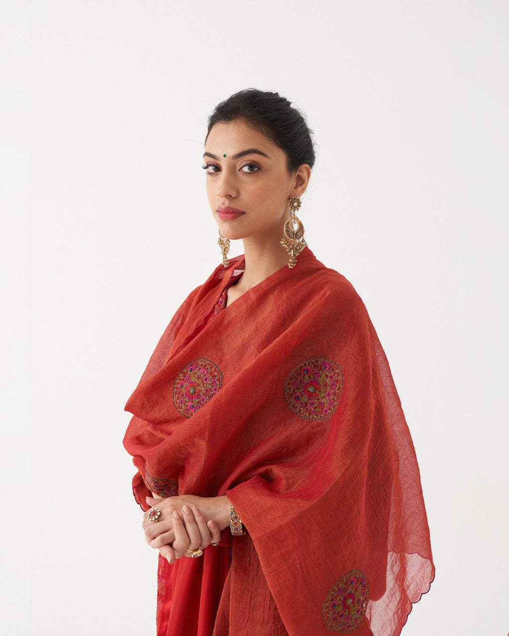 SHIRIN - RED HABUTAI SILK KURTA WITH TISSUE CHANDERI DUPATTA