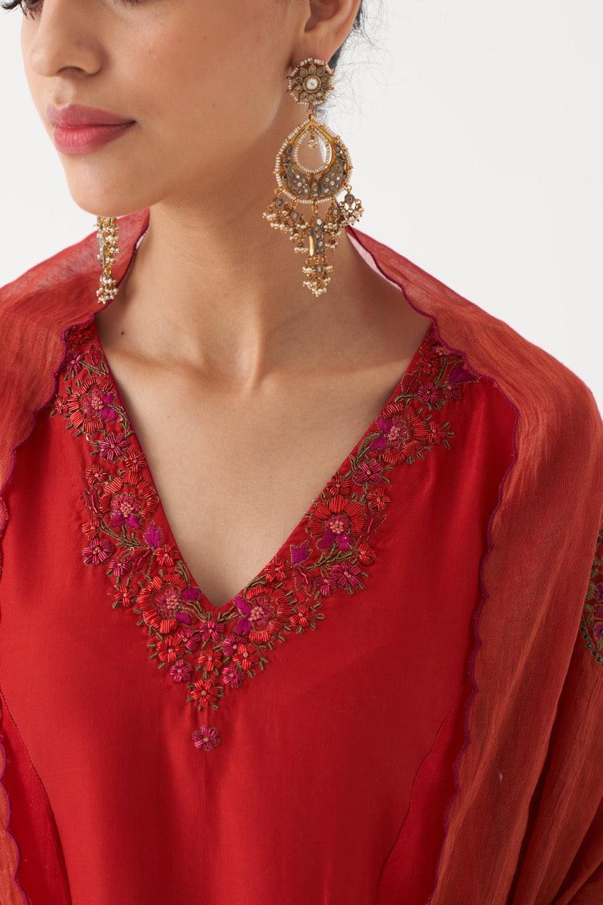 SHIRIN - RED HABUTAI SILK KURTA WITH TISSUE CHANDERI DUPATTA