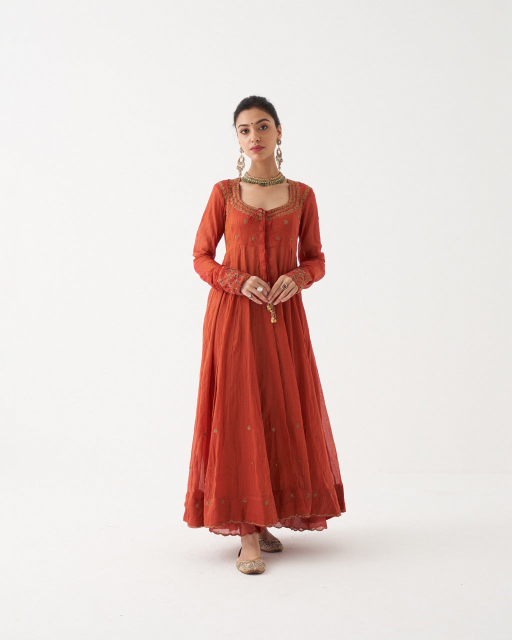 SAHIRA  - SCARLET RED HANDWOVEN TISSUE CHANDERI ANARKALI