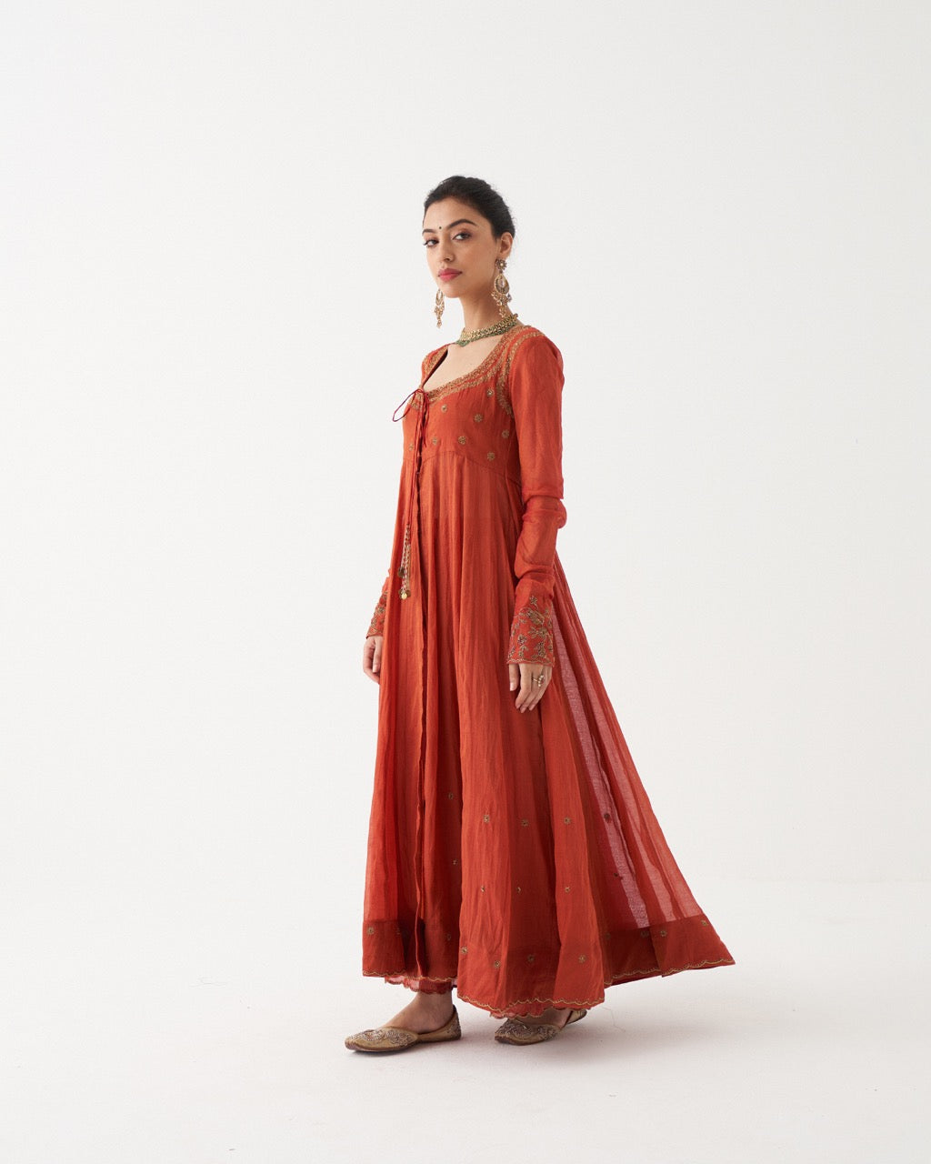 SAHIRA  - SCARLET RED HANDWOVEN TISSUE CHANDERI ANARKALI