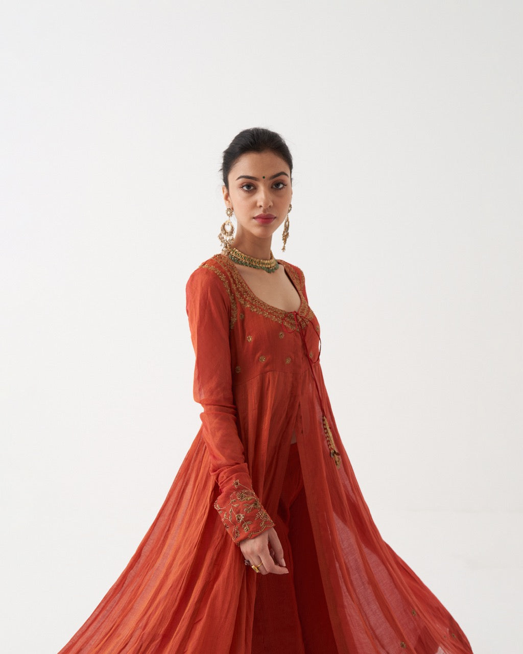 SAHIRA  - SCARLET RED HANDWOVEN TISSUE CHANDERI ANARKALI