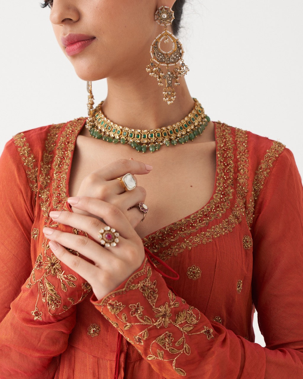 SAHIRA  - SCARLET RED HANDWOVEN TISSUE CHANDERI ANARKALI