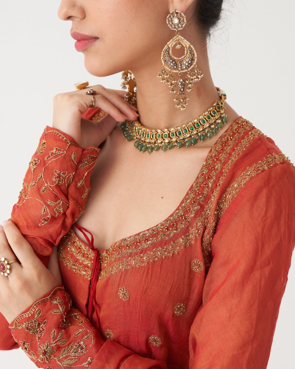 SAHIRA  - SCARLET RED HANDWOVEN TISSUE CHANDERI ANARKALI