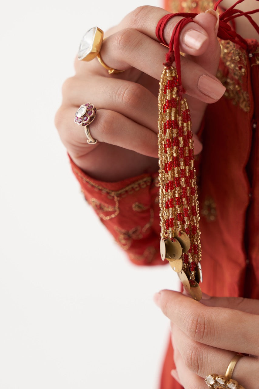 SAHIRA  - SCARLET RED HANDWOVEN TISSUE CHANDERI ANARKALI WITH GREEN TISSUE CHANDERI DUPATTA