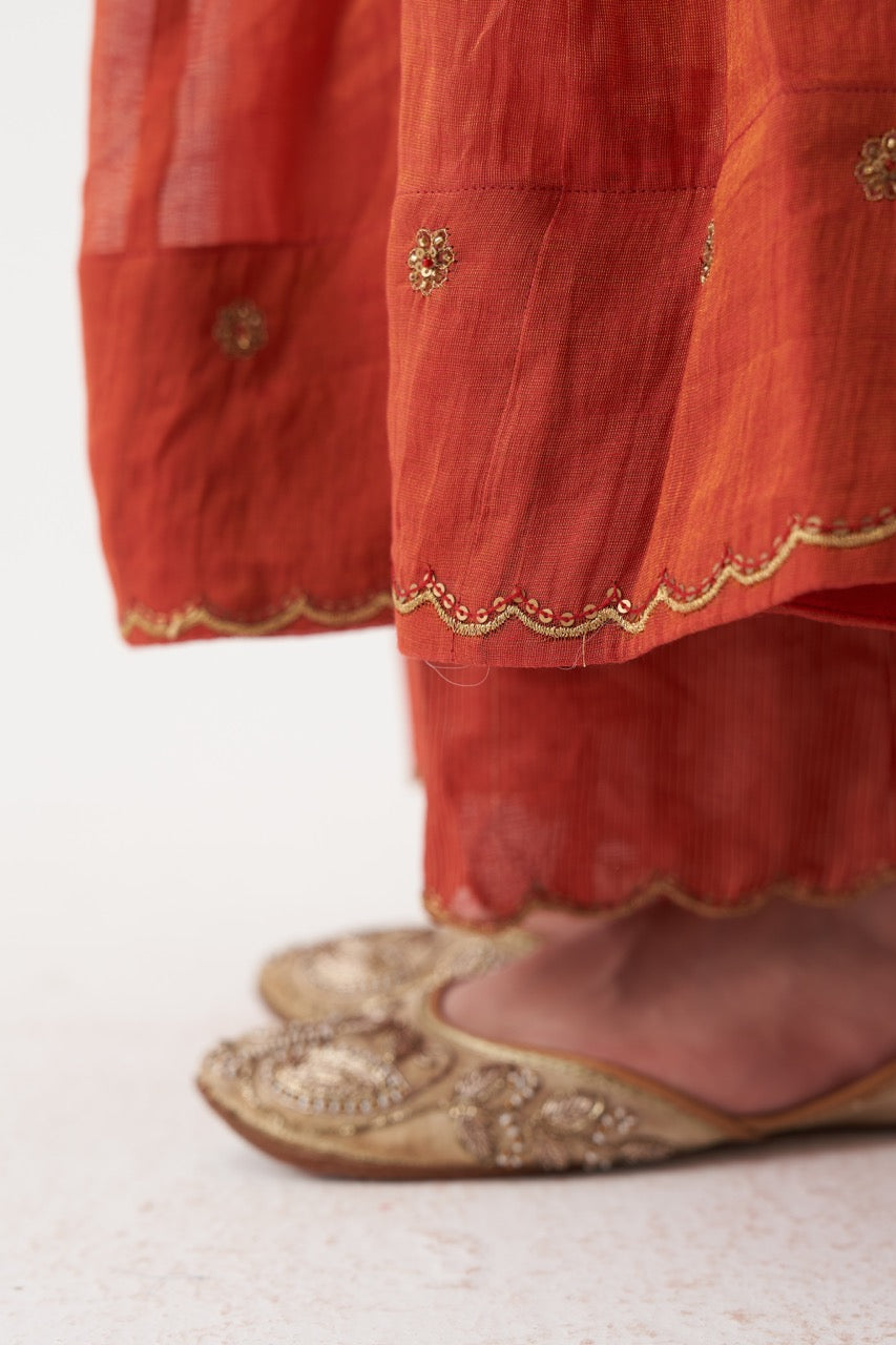 SAHIRA  - SCARLET RED HANDWOVEN TISSUE CHANDERI ANARKALI