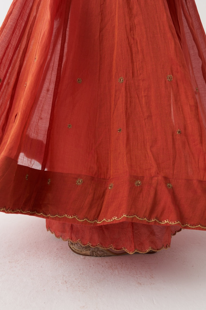 SAHIRA  - SCARLET RED HANDWOVEN TISSUE CHANDERI ANARKALI