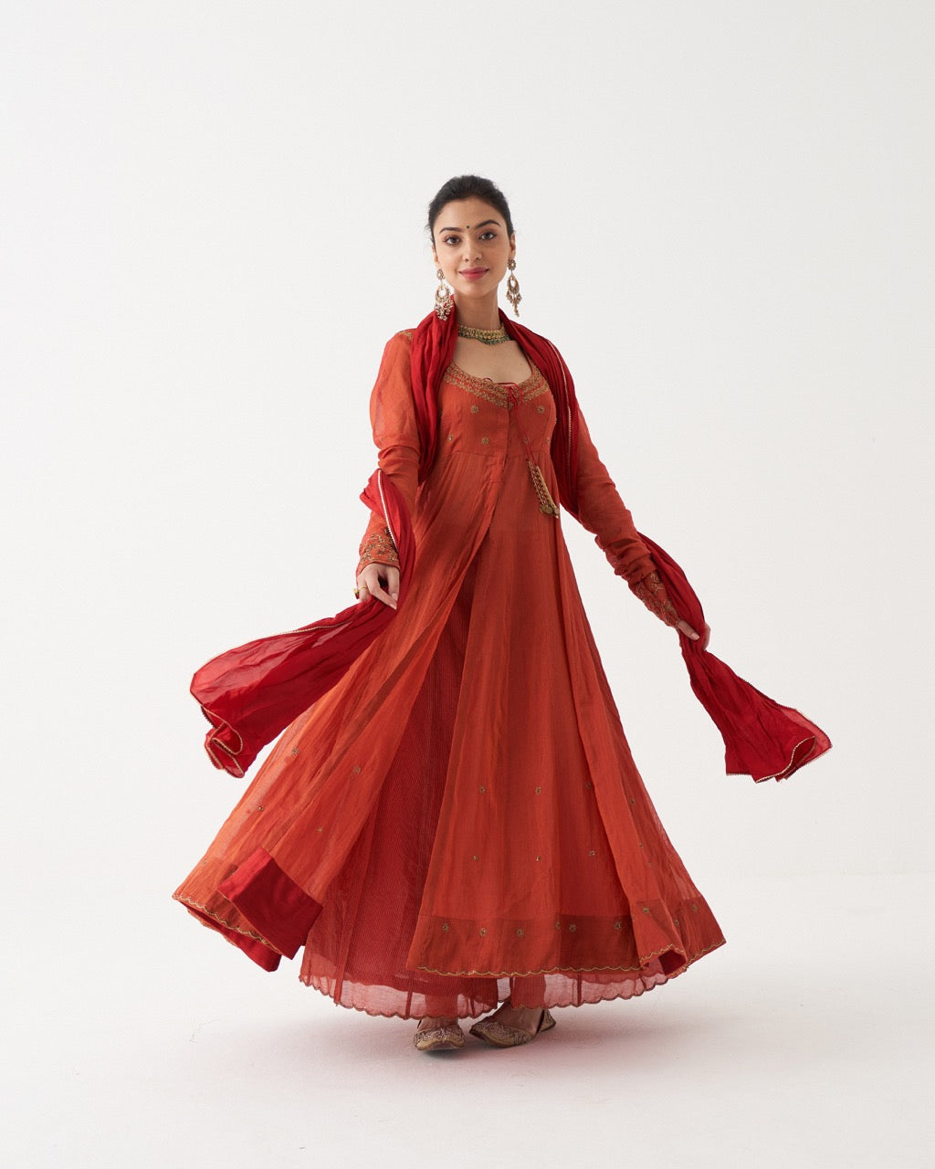 SAHIRA  - SCARLET RED HANDWOVEN TISSUE CHANDERI ANARKALI